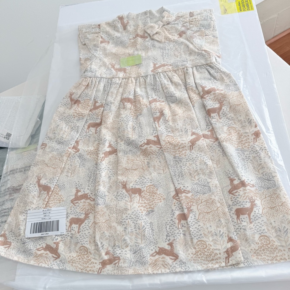 JANIE & JACK CREAM TAN BROWN DEER PRINT LONG SLEEVE TWILL DRESS - Picture 7 of 9